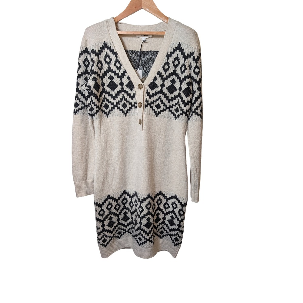 Lucky Brand Womens Cream Black Fair Isle Henley Sweater Dress Size M NWT